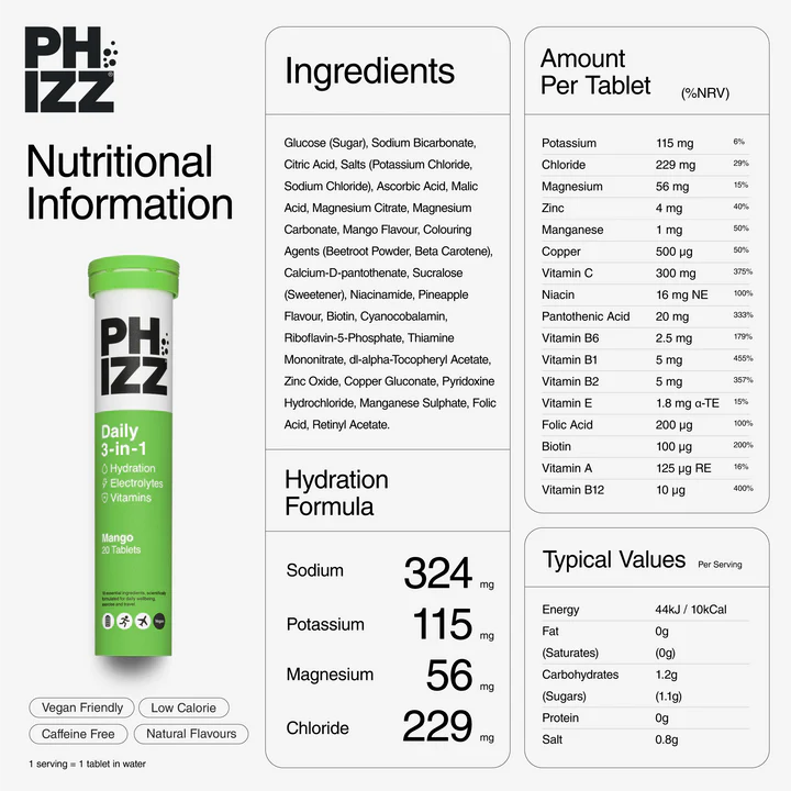 Phizz Mango 3-in-1 Effervescent Tablets 20's