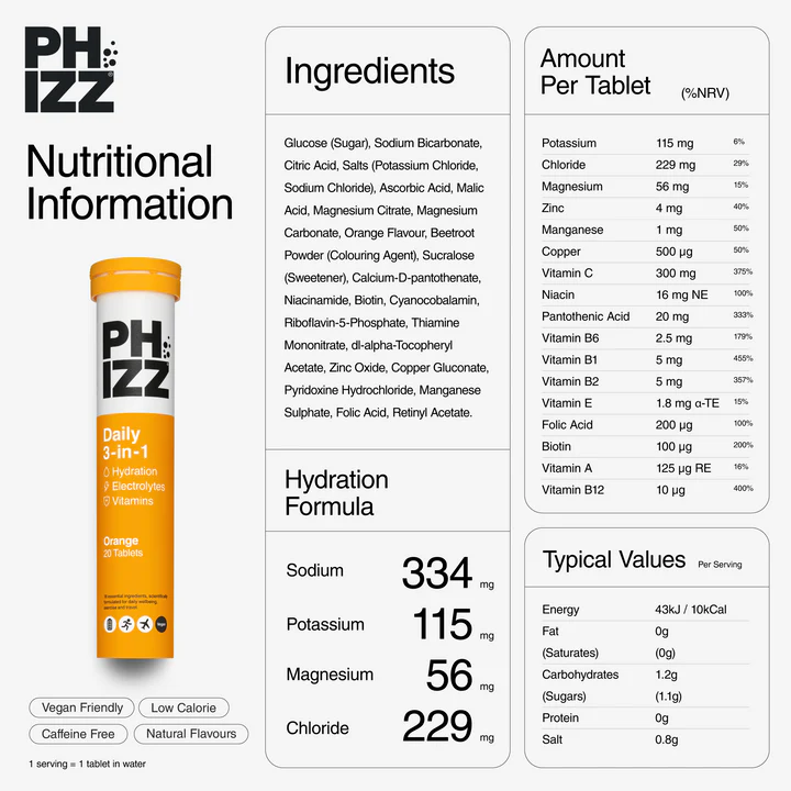 Phizz Orange 3-in-1 Effervescent Tablets 60's
