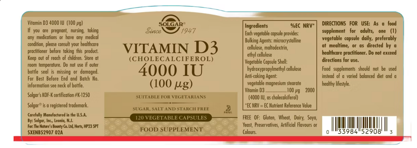 Solgar Vitamin D3 4000IU 120 Capsules