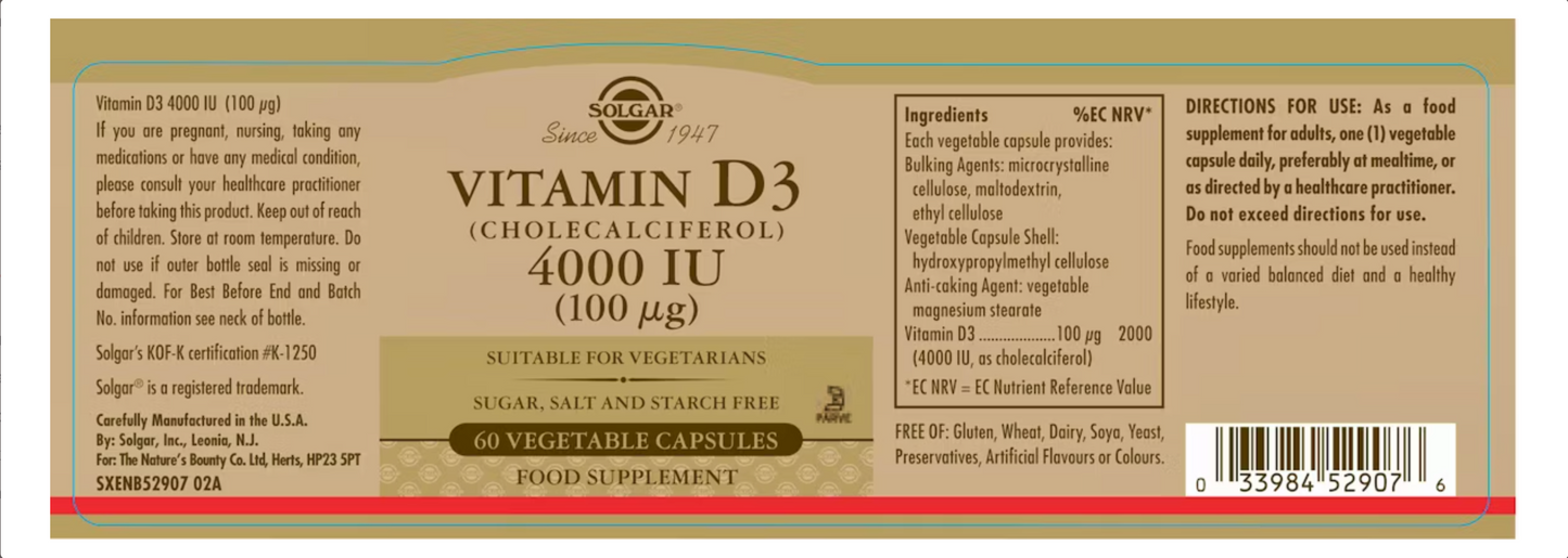 Solgar Vitamin D3 4000IU 60 Capsules