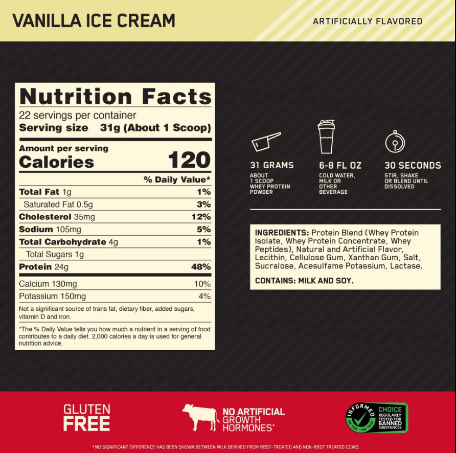 Optimum Nutrition 100% Whey Gold Standard Vanilla Ice-cream 450G