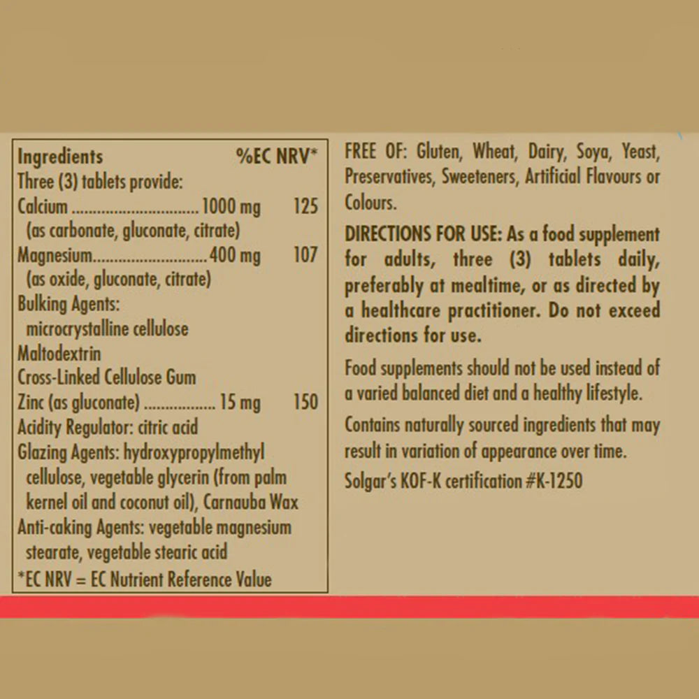 Solgar Calcium/Magnesium/Zinc Tablets 100 Tablets`