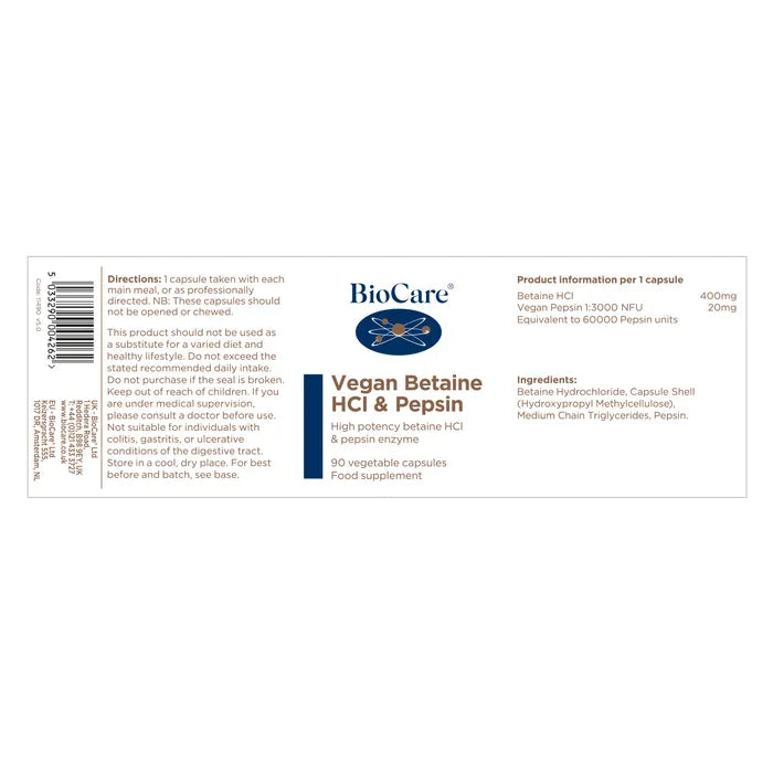 BioCare Vegan Betaine HCl & Pepsin