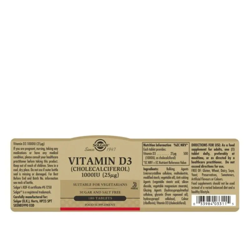 Solgar Vitamin D3 1000IU 180 Tablets
