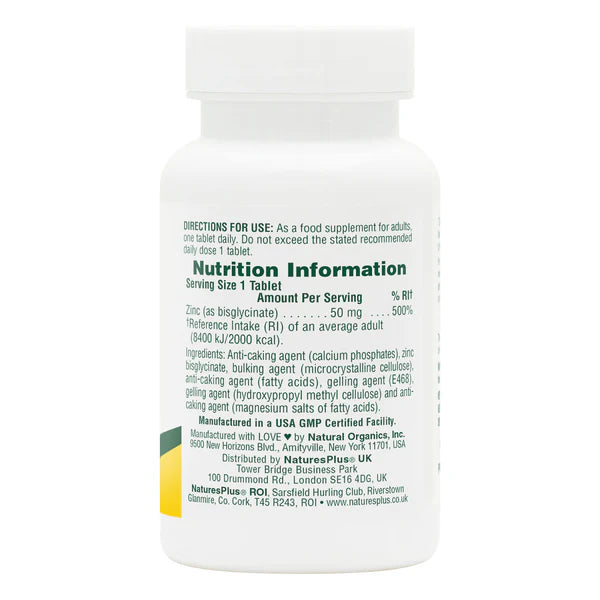 Nature's Plus Zinc 50 mg Tablets