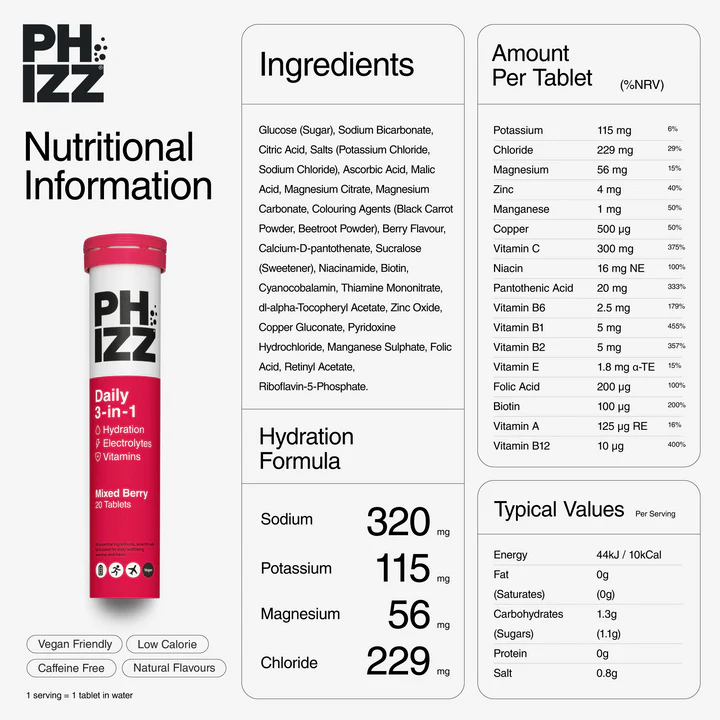 Phizz Mixed Berry 3-in-1 Effervescent Tablets 20's